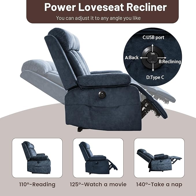 Power Loveseat Recliner Sofa with Heat and Massage, Double Recliner Loveseat with Console, RV Recliners-Wall Hugger Reclining Couch with USB & Type C for Living Room, RV,Home Theater | Heat and Massage, Cup Holder