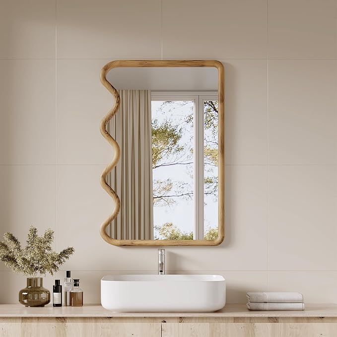ULIKE Wavy Mirror for Wall, Rustic Wood Mirror for Bathroom Vanity, 24x36 Wooden Wall Mirrors Decorative for Bedroom, Living Room, Entryway, Brown