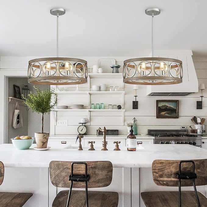 XINGQI 21.7" Drum Chandelier, Farmhouse Dining Room Light Fixture, Wood Grain Brushed Nickel Kitchen Lighting 5 Light with Round Metal Shade Vintage Hanging Light for Living Room Bedroom