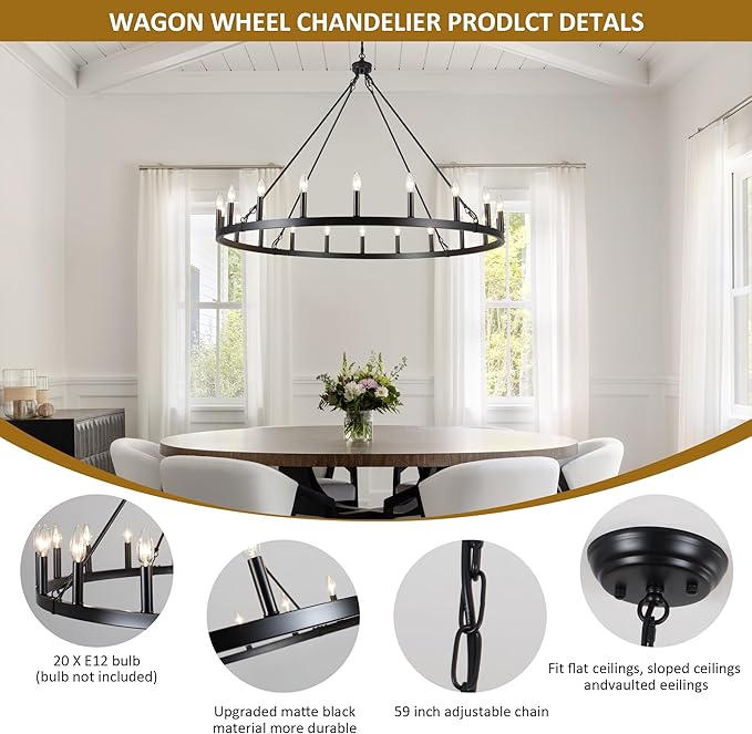 47.2 inches Black Wagon Wheel Chandelier- 20 Light Large Farmhouse Chandelier Industrial Rustic Dining Room Light Fixture Round High Ceiling Pendant Light for Living Room Entryway Foyer