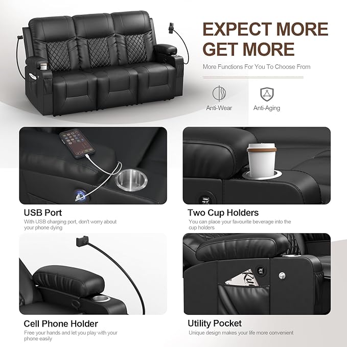 FURNIMAT Recliner Sofa, 3 Seats Dual Reclining Sofa, PU Leather Loveseat Couch, Modern Recliner Chair for Living Room, with Cup Holder and 2 Cell Phone Holder, USB Ports, Black