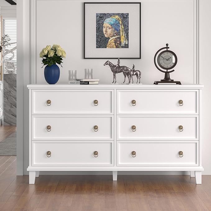 Large Dressers for Bedroom, 53.1" Wide White Farmhouse Dresser 6 Drawers, Wood Large Chest of Drawers for Bedroom, Living Room, Hallway