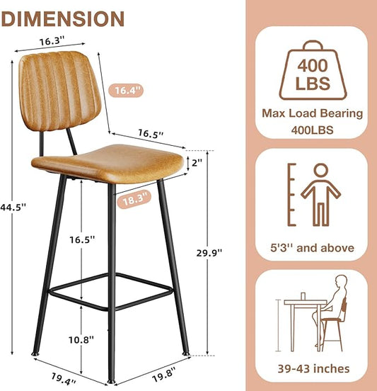 29-Inch Leather Bar Stools Set of 3, Counter Height Barstools with High Backrest，Bar Chairs for Kitchen Island with Heavy Duty Metal Legs, Brown