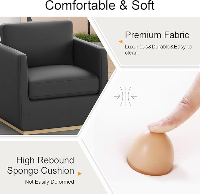 Sunny Heart Swivel Accent Chair, Velvet Swivel Barrel Chair,Club Chair with Wood Base, Modern Upholstered Armchair, Cozy Chairs for Living Room, Bedroom, Reading, Leather-Black