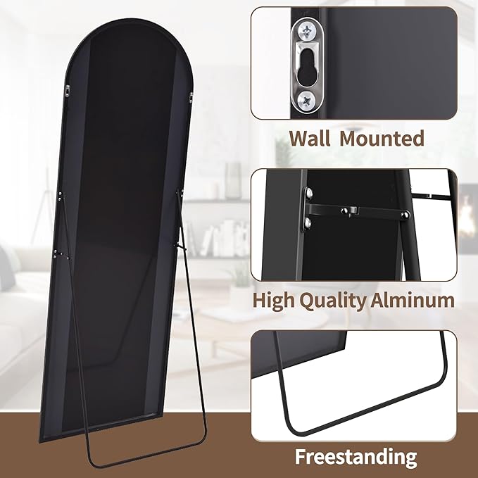 OGCAU Full Length Mirror, 65"x22" Arched Full Body Mirror, Hanging, Leaning or Standing, Wall Mounted for Bedroom Living Room, Black