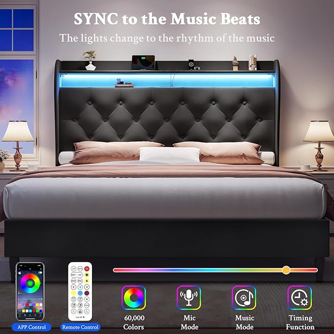 King Size Bed Frame with Tall Headboard, Velvet Upholstered Platform Bed with LED Lights & Charging Station, 52.7"-55" Adjustable/Modern Tufted Wingback Storage Headboard, No Box Spring Needed, Black