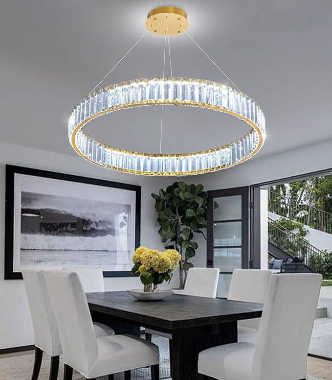 24'' Modern Ring Chandelier Crystal Chandeliers for Dining Room Round LED Dimmable Ceiling Light Fixture for Living Room Bedroom Lighting Gold