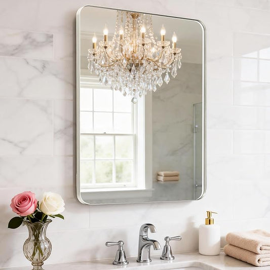 24X30 Inch Brushed Nickel Bathroom Mirror for Wall, Brushed Silver Metal Framed Mirror, Rounded Rectangle Silver Bathroom Mirrors, Tempered Glass, Anti-Rust, Hangs Horizontally or Vertically