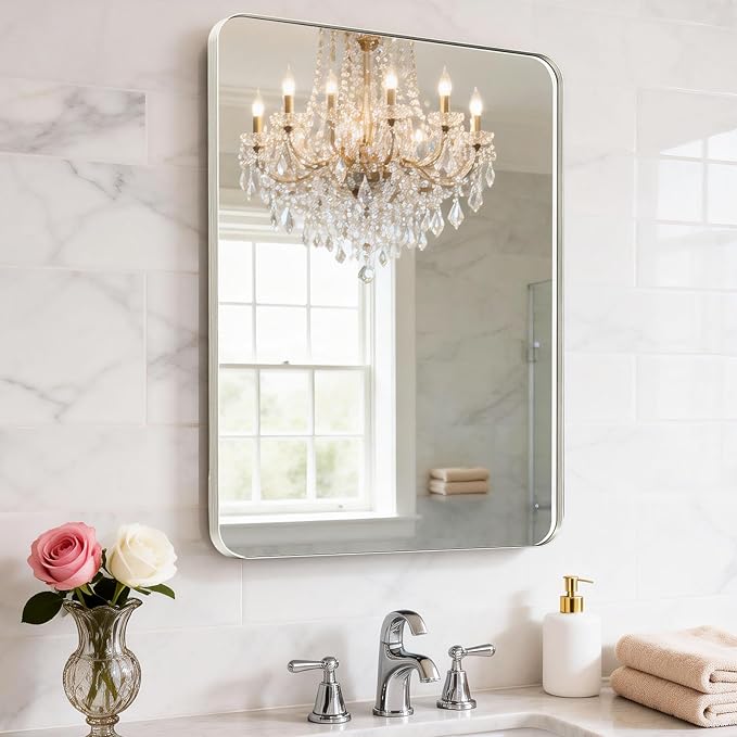 22X34 Inch Brushed Nickel Bathroom Mirror for Wall, Brushed Silver Metal Framed Mirror, Rounded Rectangle Silver Bathroom Mirrors, Tempered Glass, Anti-Rust, Hangs Horizontally or Vertically