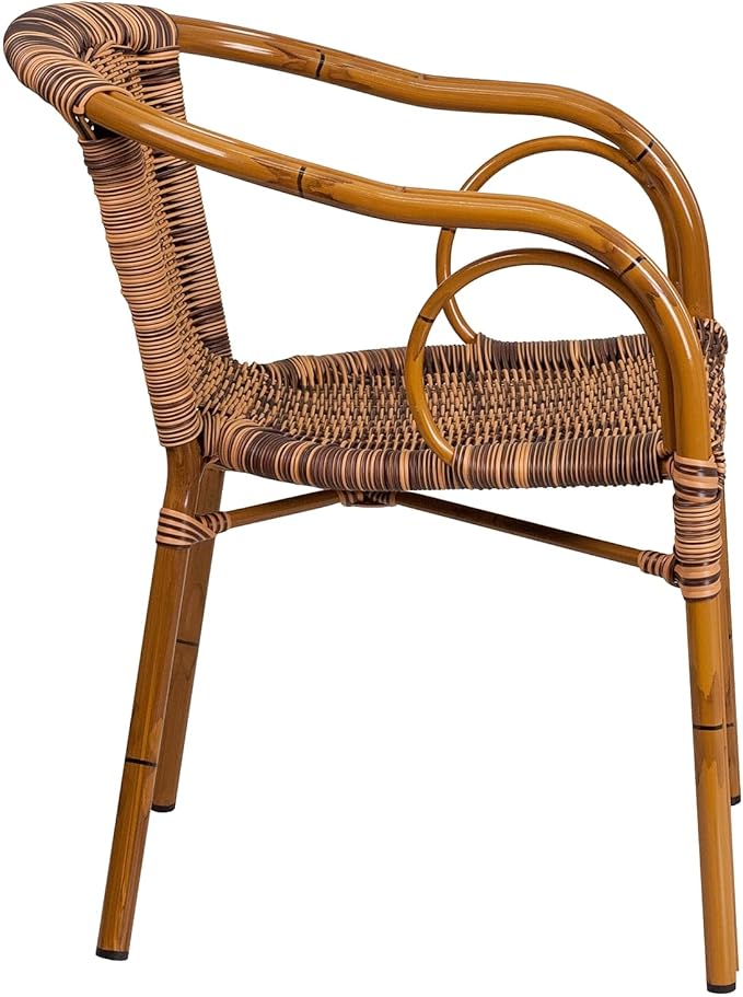Flash Furniture Cadiz Series Dark Red Bamboo-Aluminum Indoor-Outdoor Restaurant-Patio Chair with Burning Brown Rattan