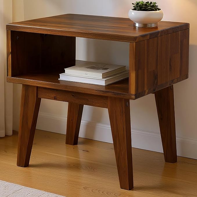 Acacia Serena Nightstand Solid Wood Nightstand with Open Storage Shelf, Wood Bedside Table, Night Stands for Bedroom - Chocolate