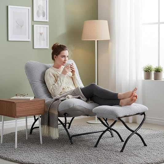 Tiita Accent Lazy Chair with Ottoman, Comfy Lounge Chair with Metal Frame and Plush Fabric, Thick Cushion Seated Cozy Recliner Chair for Reading Room, Living Room, Bedroom, Office, Light Gray