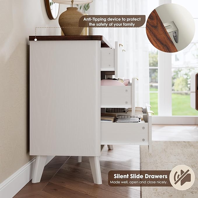 Garvee 6 Drawers Dresser for Bedroom, 47.2" Wide Dressers with Curved Profile Design, Fluted Wood Drawers with Gold Handle, Modern Chest of Dressers with Thickened Design for Living Room, White