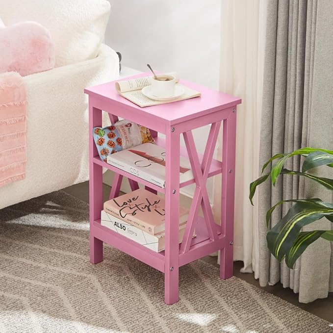 VECELO End Table Set of 2, Bedside Table, 24" Tall Living Room End Tables, X-Design Reinforced Nightstands, Side Table with 3-Tier Storage Shelves for Small Spaces, Office, Bathroom, Bedroom, Pink