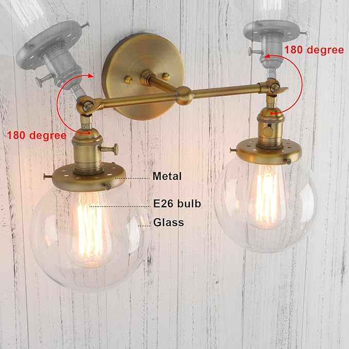 PERMO Double Sconce Vintage Antique 2 Lights Vantiy Light Brass Gold Dual Wall Sconces with 5.9" Round Clear Glass Globe Shade for Living Room Dining Room Kitchen Bedroom