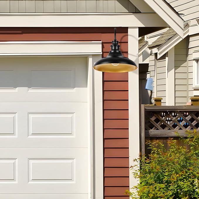 Dusk to Dawn Sensor Outdoor Barn Light Fixture, 16 Inch Dome Farmhouse Outdoor Wall Sconce, Exterior Wall Mount Light, Industrial Black Gold Wall Lantern for Porch, Garage, Shed,1 Pack
