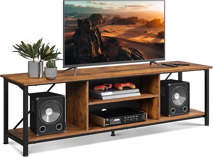 WLIVE Industrial TV Stand for Up to 70 inch TV, Heavy-Duty Metal Frame Entertainment Center with Adjustable Shelves & Cable Management, Large Media Console for Living Room, Rustic Brown