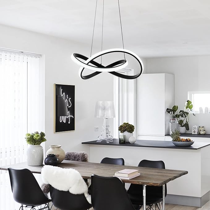MAYNA Modern Chandelier with Remote Control, 3-Color Dimmable LED Pendant Light Fixtures, Height Adjustable Kitchen Island Lighting for Dining Room,Bedroom,Living Room, Black 19.7 inch