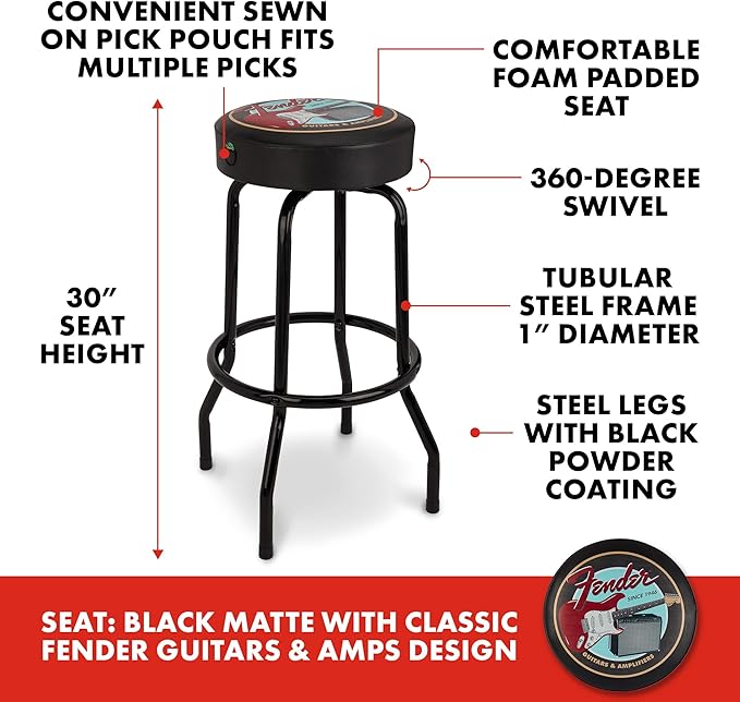 Fender Guitars & Amps Logo Swivel Barstool with Guitar Picks Pouch, Great Gifts for Dad, with 1 Year Limited Warranty, Simple Assembly, Black/Black, 30"