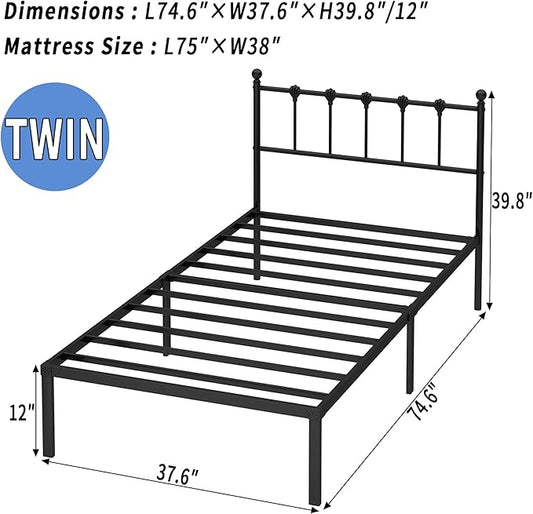 Twin Size Bed Frame with Modern Headboard, Metal Platform Bed Base with Strong Support, No Box Spring Needed, Easy Assembly, Noise Free，Black