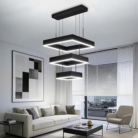 Modern LED Chandelier 3 Ring Dimmable Square Black Adjustable Pendant Ceiling Light Fixture for Foyer, Dining Room, Bedroom, Living Room