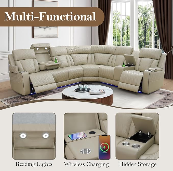 Power Recliner Sectional Sofa Set, Leather Couches for Living Room, Power Reclining Sofa 3 Piece Set with USB Ports, Cup Holder, Hidden Storage (Beige)