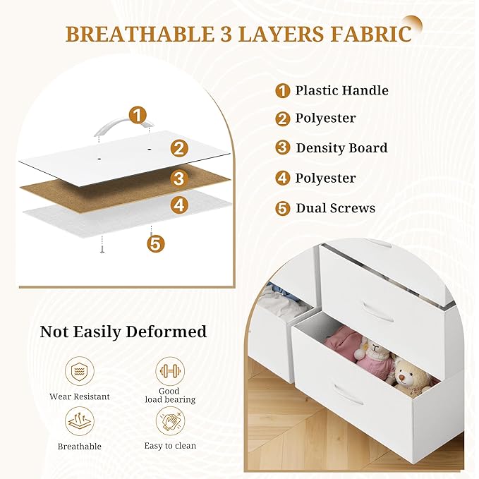 Dresser with 9 Drawers for Bedroom, Fabric Clothes Cabinet for Closet, Anti-Tip Storage Dresser with Metal Frame for Living Room, Entryway, Dorm, White