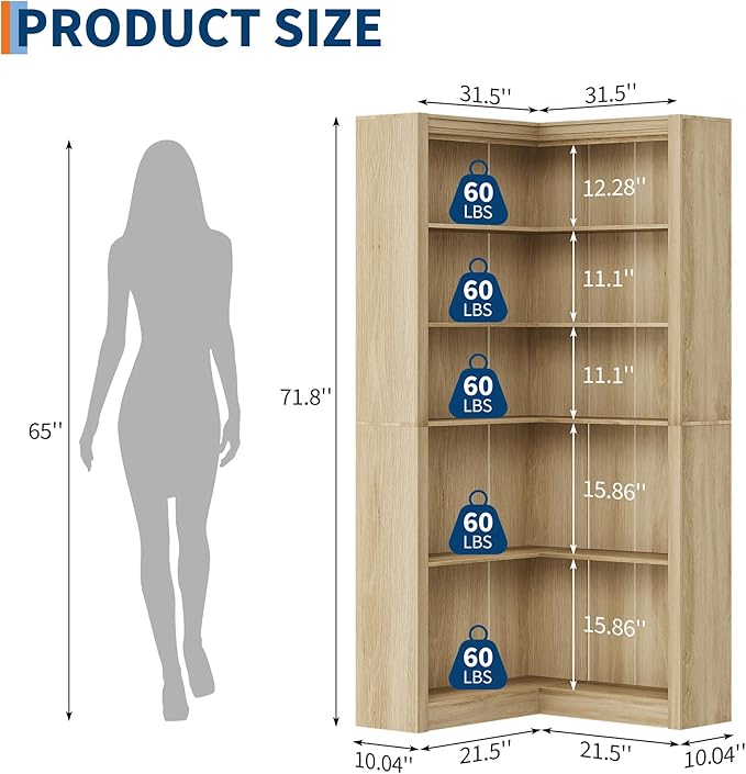 GarveeHome Corner Bookshelf, 71.8 in Farmhouse Corner Bookcase, L-Shaped Bookshelf Large Bookcase, 5 Tier Display Shelf Heavy Duty Bookcases, Bookshelves with Storage (Light Wood)