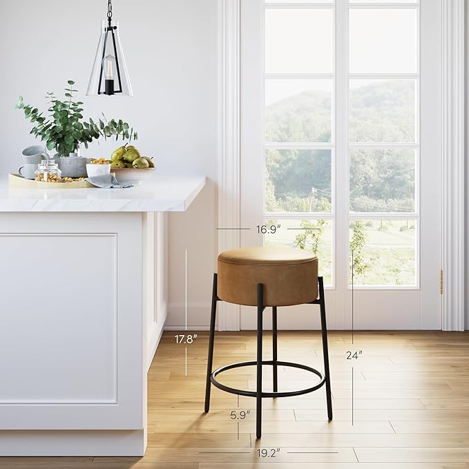 Nathan James Isaac 24" Modern Backless Bar Stool with Round Soft Padded Upholstered Seat and Metal Mid-Century Base, PU Light Brown/Black, Set of 4