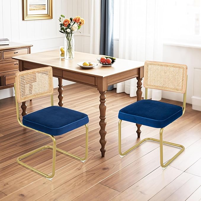 CangLong Velvet Dining Chairs Set of 2, Rattan Dining Chairs with Metal Legs & Natural Mesh Rattan Backrest, Armless Accent Chairs with Upholstered Cushion for Kitchen, Living Room, Blue