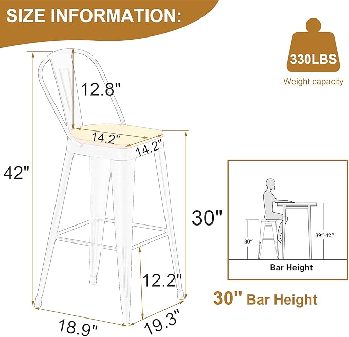Andeworld Metal Bar Stools Set of 4, 30 inch Bar Height Barstools with Backs Farmhouse Modern High Back Bar Stools with Larger Seat Kitchen Dining Bar Chairs,Rusty