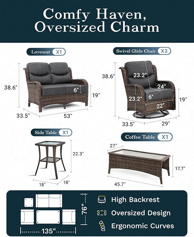 High Back Outdoor Furniture with Extra Thick Cushion Patio Swivel Rocking Chairs, Comfort Loveseat, 5PCS Oversized Wicker Conversation Set for Porch, Deck, Yard in Dark Gray
