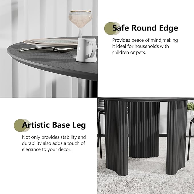 Casaphoria 52" Round Dining Table for 4-6, Farmhouse Style Table with Stripes Base, Easy Assembly for Living Room, Kitchen, Bar, Black