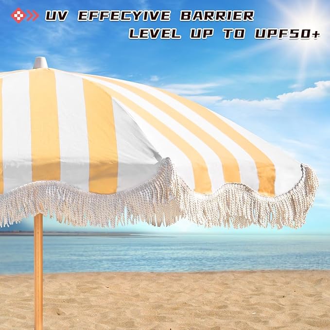 6.5ft Boho Beach Umbrella with Fringe, UPF 50+ Tassel Umbrellas with Carry Bag, Premium Wood Pole Foldable Patio Umbrella for Outdoor Holiday Garden Lawn Pool Yard Table