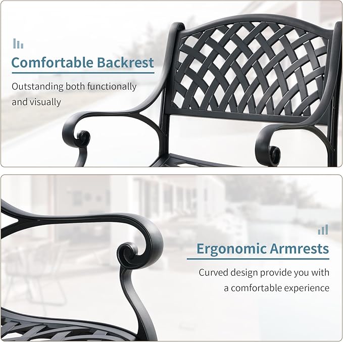 2 Piece Outdoor Cast Aluminum Dinning Chairs, Patio Bistro Chair Set with Armrests, Patio Dinning Chairs for Patio Furniture Garden Deck (Black)