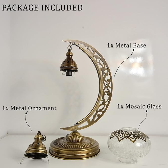 Mozaist Turkish Clear Glass Moon Shape Table Lamp, Vintage Moroccan Crescent Bohemian Desk Light, Rustic Living Room Antique Glam Home Decor Lighting, Luna Design Bedside Nightstand (Crack Clear)
