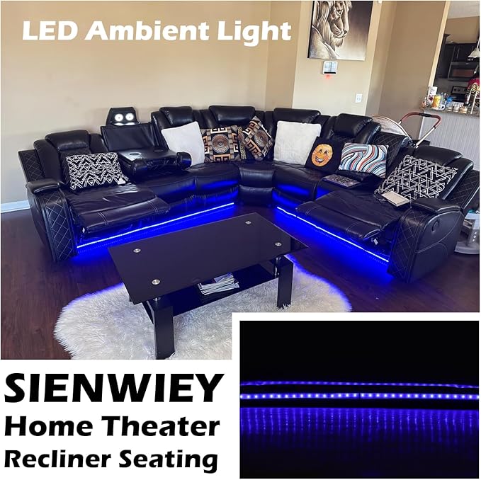 Power Reclinier Sectional Sofa,Black Leather Reclining Sectional Modular Sofa,L Shaped Leather Couch with LED Lights/USB Charger/Cup Holders/Storage Console/Storage Armrest/Coffee Table(L)