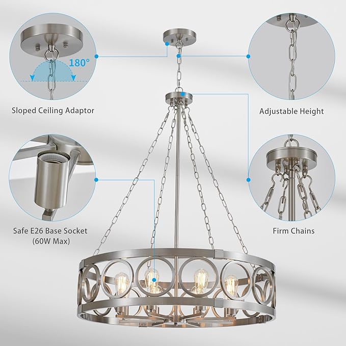 XINGQI 32.3" Large Drum Chandelier Modern Brushed Nickel 8-Light Rustic Farmhouse Round Pendant Lighting Fixture for Dining Room Living Room Office Kitchen Island