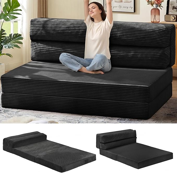 JUIKURY Folding Sofa Bed, Convertible Sleeper Chair with Pilow Foldable Matress, 2 in 1 Pull Out Loveseat Sofa Portable Fold Out Chair Bed Floor Couch Lounge for Living Room (Black, Queen)