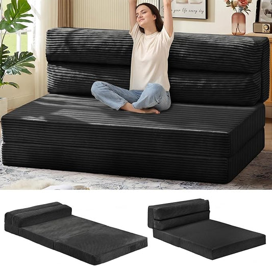 JUIKURY Folding Sofa Bed, Convertible Sleeper Chair with Pilow Foldable Matress, 2 in 1 Pull Out Loveseat Sofa Portable Fold Out Chair Bed Floor Couch Lounge for Living Room (Black, Queen)