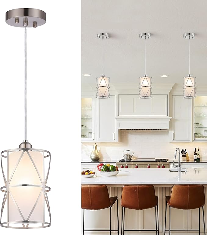 5.4"×7.9" Pendant Light with Frosted Glass, Modern Pendant Lights Kitchen Island, Brushed Nickel Pendant Light Fixtures, Cylindrical Pendant Lighting for Kitchen Island, Dining Room, Foyer
