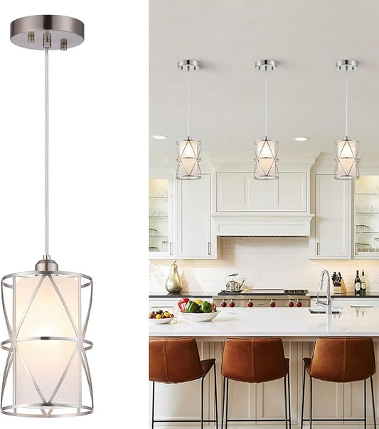 5.4"×7.9" Pendant Light with Frosted Glass, Modern Pendant Lights Kitchen Island, Brushed Nickel Pendant Light Fixtures, Cylindrical Pendant Lighting for Kitchen Island, Dining Room, Foyer