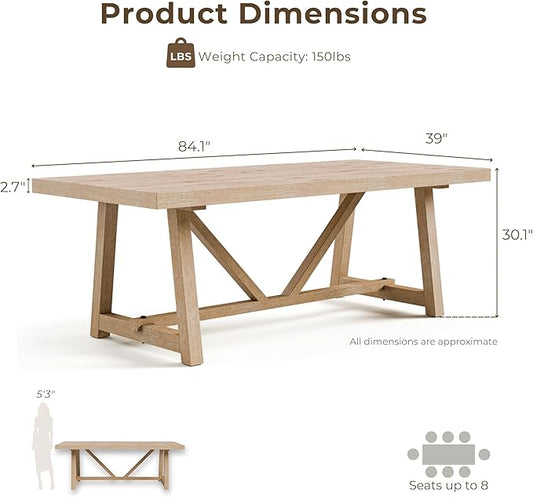 Furniture of America Wellen Farmhouse 84-Inch Rectangle Solid Wood Dining Table with Plank and Beam Base, Trestle Design, Seats Up to 8, for Kitchen, Home Office, Natural Oak