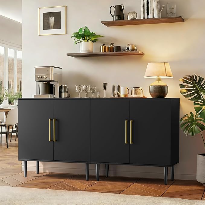 Black Buffet Cabinet, Free Standing Sideboard with Storage, Wood Accent Cabinet with Doors,Modern Credenza, Sideboard Storage Cabinet for Living Room, Dining Room(1, Black & Gold)