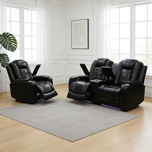 Power Reclining Sofa Set for Living Room, Leather Recliner Loveseat and Chair with Cup Holders, Storage Console for House/Home Teather(Loveseat and Chair, Black)