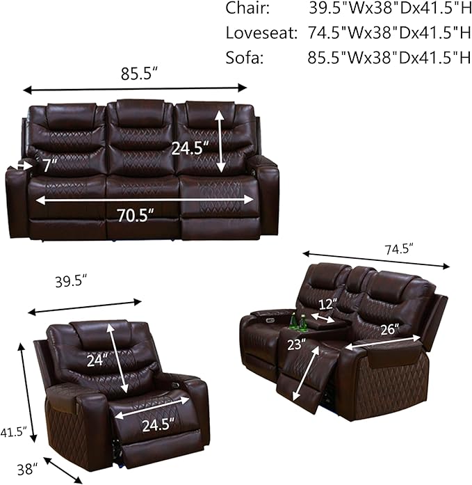 Leather Power Recliner Sofa Set with LED, Living Room Furniture Set, Leather Sofa Set with USB Port Storage Console Cup Holder for Office Living Room Home (Dark Brown)