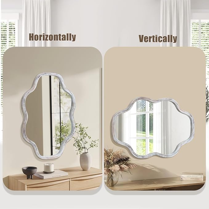 ULIKE Wall Mirror 24"x36" White Wavy Natural Wood Frame – Irregular Cloud Shape Vanity Mirror for Bathroom Bedroom Living Room Entryway