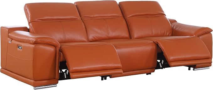 BlackJack Furniture Venice Top Grain Italian Leather Recliner 7 Seater 5 Power Reclining 3 Piece Sofa Set with Adjustable Headrests Modern Seating Sofa, Loveseat and Chair for Living Room , Camel