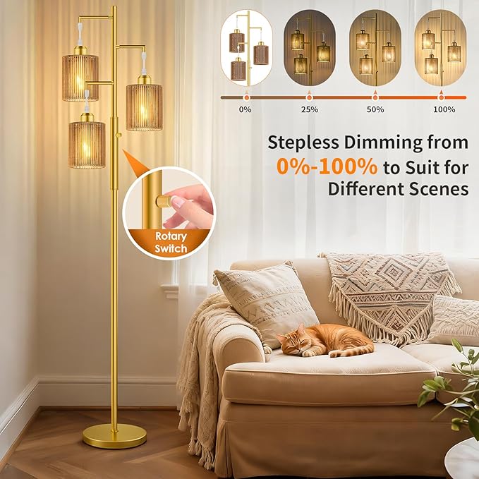 Hotsonic 72" Rattan Boho Floor Lamp, Tall Dimmable Standing Lamp with Handcrafted Beige Shade, Industrial Tree Floor Lamps for Living Room, Bedroom, Study Room, Office(3x800LM LED Bulbs Included)-Gold