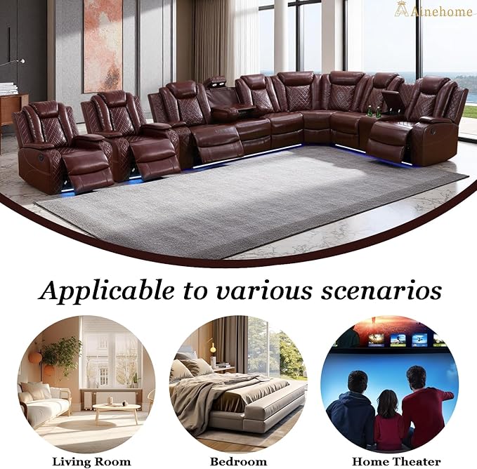 A Ainehome Leather Power Recliner Sectioanl Sofa Set, Living Room Furniture Sets, Power Reclining Sofa, Loveseat and Chair with USB Chargers/Cup Holder for Living Room/Office(A-Brown)
